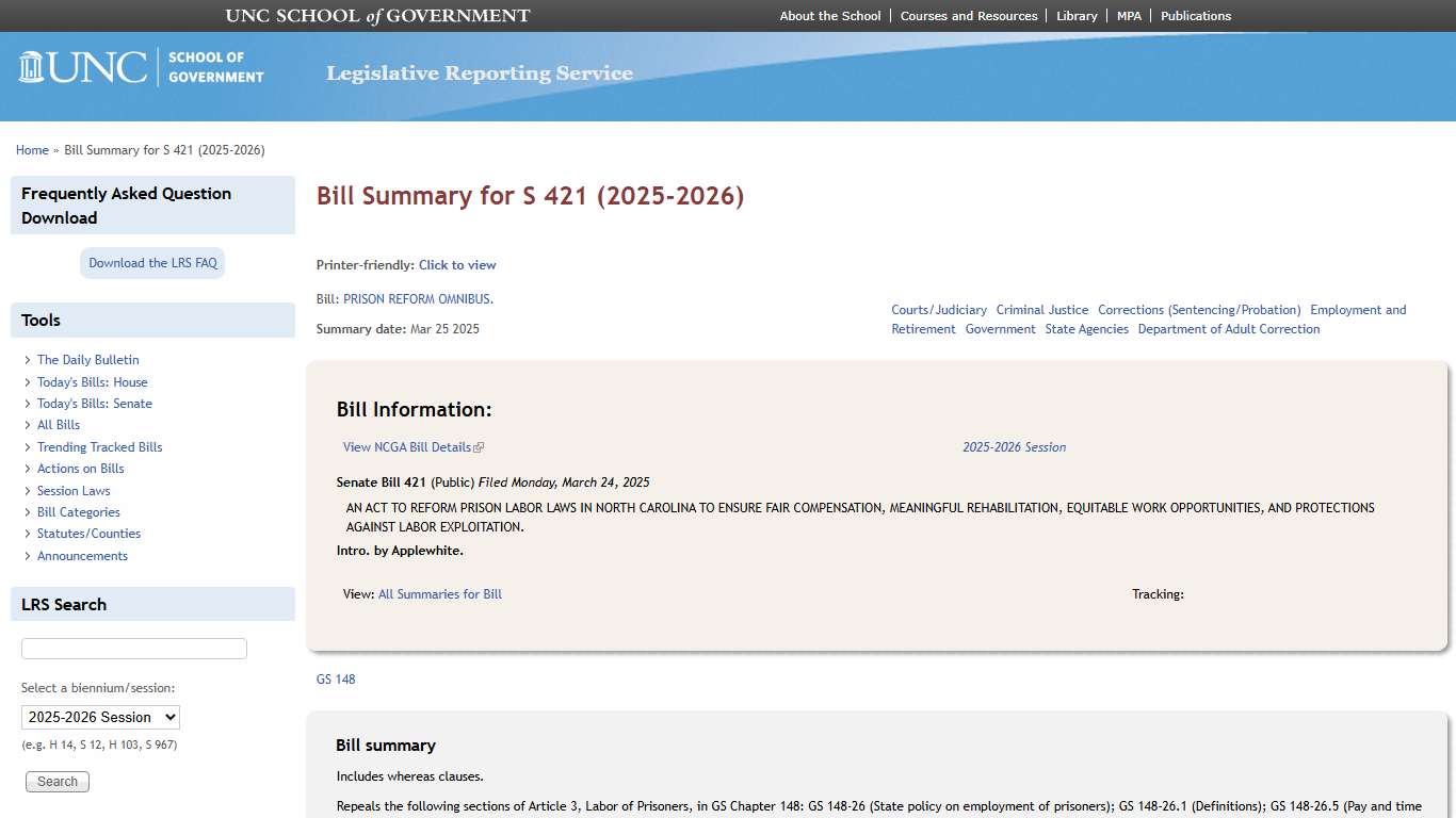 Bill Summary for S 421 (2025-2026) | Legislative Reporting Service